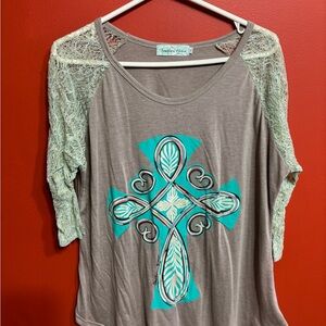 Southern Grace Mint Lace Sleeve Cross Graphic Top